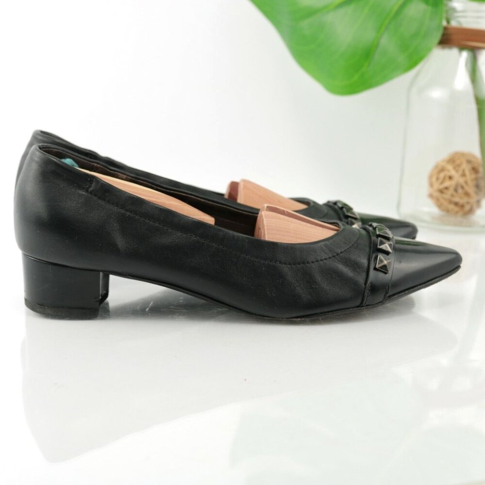 AGL Womens Pump Size 37.5 7.5 Black Leather Pointed Block Heel Pyramid Studded - Picture 5 of 12